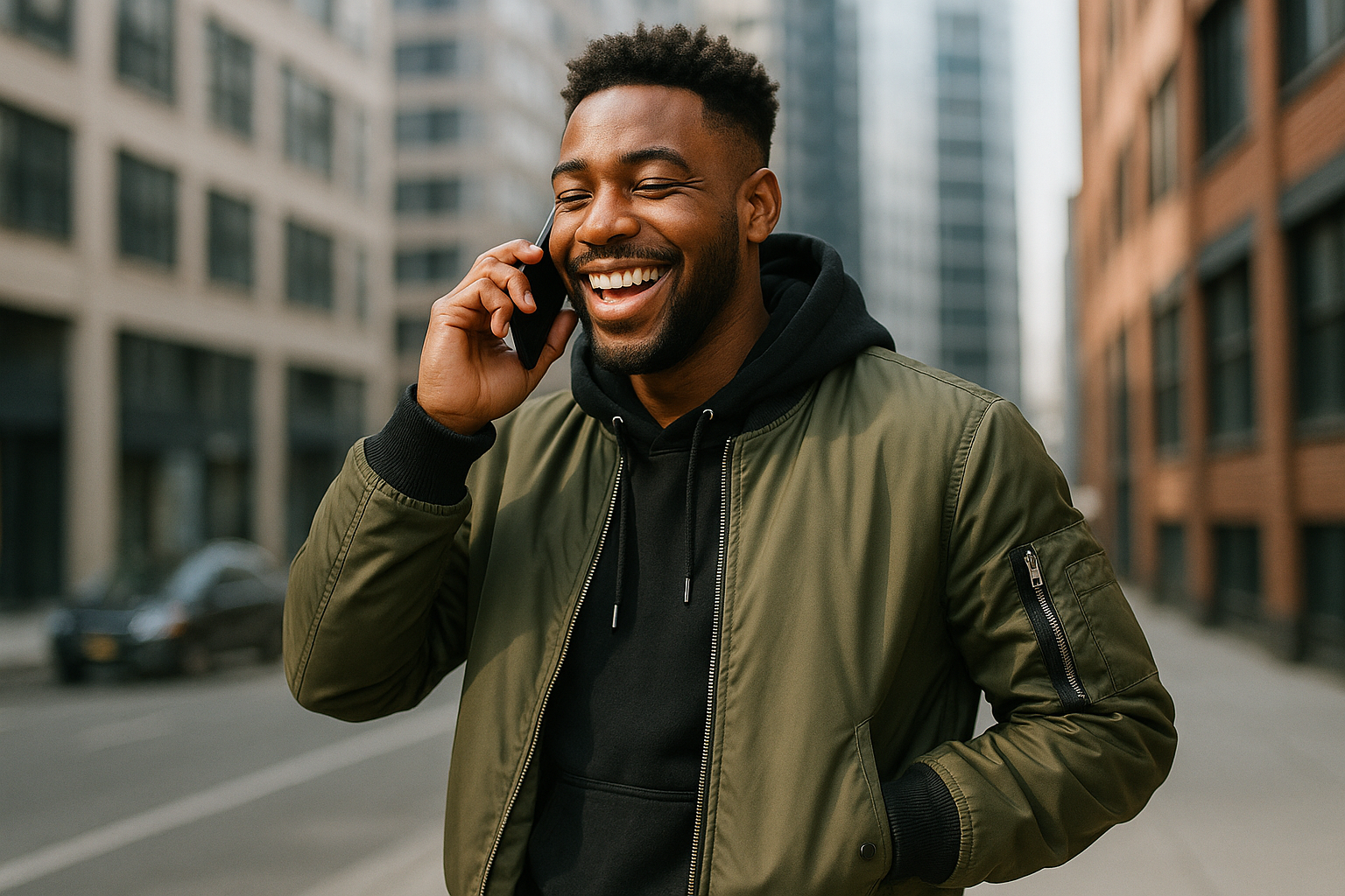 Erstelle ein Bild bei dem ein Mann im Urban style telefoniert und dabei glücklich schaut